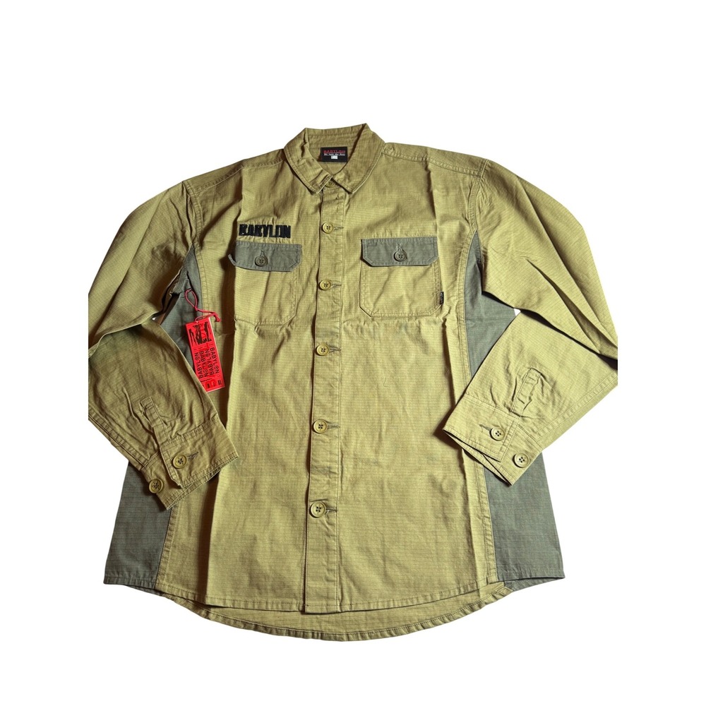Babylon LA Men Ripstop Button Down Shirt Olive Green Khaki Large Streetwear New